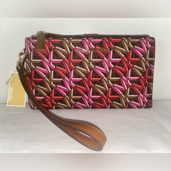 NEW! NWT MICHAEL KORS Jet Set Double Zip MK Logo Wristlet Brown Multi - Picture 1 of 5
